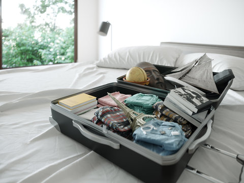 open travel case in hotel bedroom
travel vacation concept background