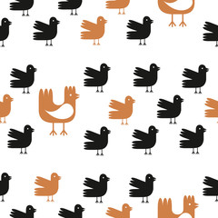 Funny cartoon birds seamless pattern over white background. Vector hen and chicken illustration