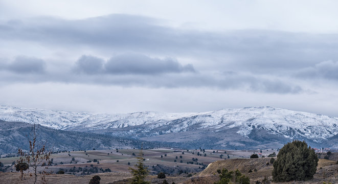 Panorama of snowy mountains in Turkey