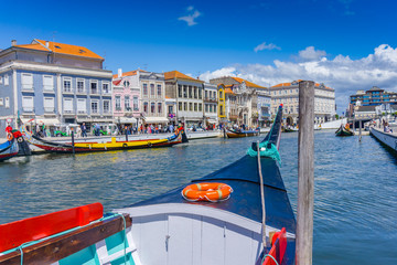 Traditional boats on the canal in Aveiro, Portugal