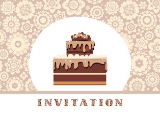 Holiday invitation, chocolate cake, floral background, beige grey, vector. Birthday invitation, wedding. A holiday, a family celebration. Chocolate cake with cream on floral, flat background. 
