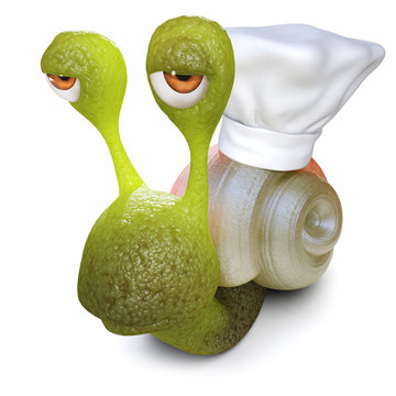 3d Funny cartoon snail character wearing a chefs hat on its shell