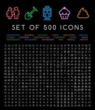 500 Universal Thin Line White Icons . Isolated Vector Elements on Black Background