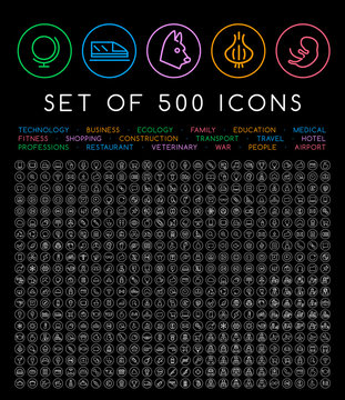 500 Universal Thin Line White Icons on Circular Buttons on Black Background
