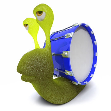 3d Funny cartoon snail character wearing a bass drum instead of a shell