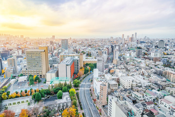 Asia business concept for real estate and corporate construction - panoramic modern city skyline aerial sunset view of bunkyo under fantasy pink sky and cloud, tokyo, Japan