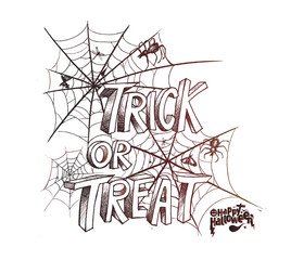Trick or Treat Halloween with Spider net poster design, Hand Drawn Sketch Vector illustration.