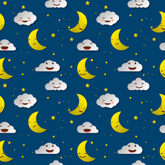 Naklejka premium Cute sky pattern. Seamless vector design with smiling, sleeping moon, stars and clouds. Baby illustration.