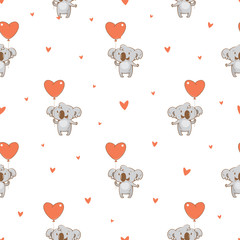 Valentine's seamless pattern  with cute cartoon  koalas  on  white  background. Happy animals. Funny Lovers. Red balloons. Children's illustration. Vector image.