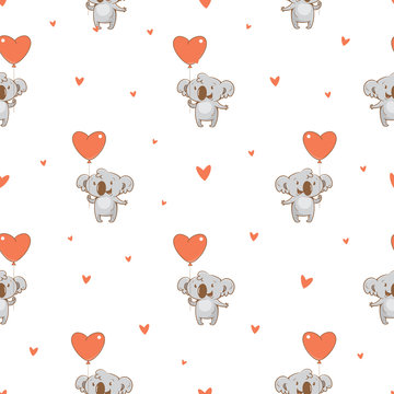 Valentine's seamless pattern  with cute cartoon  koalas  on  white  background. Happy animals. Funny Lovers. Red balloons. Children's illustration. Vector image.