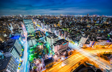 Asia business concept for real estate and corporate construction - panoramic modern city skyline aerial night view of bunkyo, tokyo, Japan