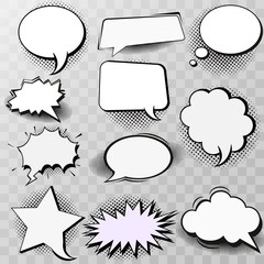 Set of blank template in Pop Art style. Vector Comic Text Speech Bubble Halftone Dot Background. Empty.