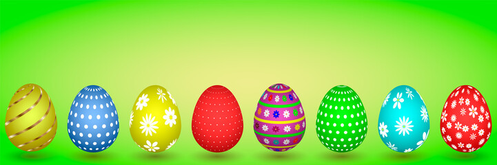  Easter eggs. Lined up with different colors and patterns. three-dimensional isolated vector illustration on  a green background,