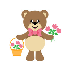 Obraz na płótnie Canvas cartoon bear with tie and flowers and basket