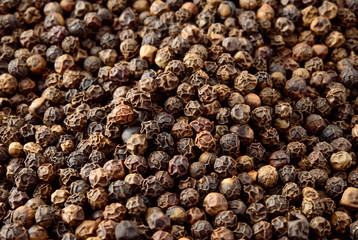 Peppercorn background. Dry black pepper seeds.