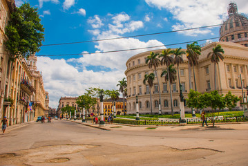 Capitolio Nacional, El Capitolio on blue sky background with clouds. Havana. Cuba