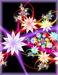 Digital fractal 3D design.Multicolor fractal flower on black background.