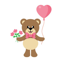cartoon bear with tie and flowers and lovely balloons