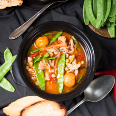 strips of pork  with sugar peas and other vegetables