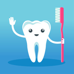 Cute happy smiling tooth with a toothbrush. Flat vector cartoon character illustration. Care of teeth. Dental concept for children dentistry. Prevention of diseases of oral cavity.