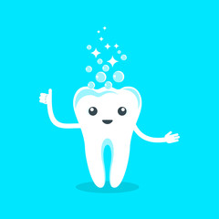 Cute happy smiling tooth. Flat vector cartoon character illustration. Care of teeth. Dental concept for children dentistry. Prevention of diseases of oral cavity.
