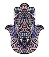 Colored illustration of Hamsa with boho pattern. Buddhas hand. Vector element for your sketch of tattoo, coloring book, T-shirt print and your design.