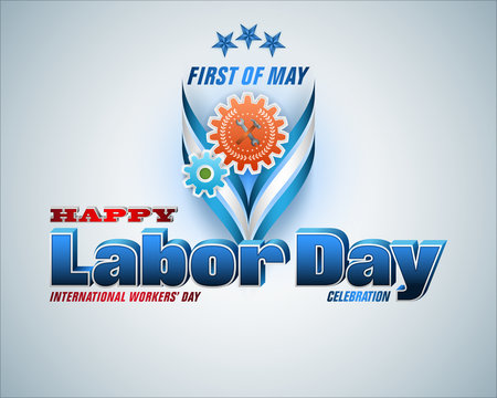 First May, Labor day celebration.
Holidays, design background with 3d texts, hammer and wrench on mechanism for celebration of First May International Labor day; Vector illustration
