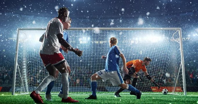 Goalkeeper and two defenders fail to save from a free kick on a professional soccer stadium while it's snowing. Stadium and crowd are made in 3D and animated.