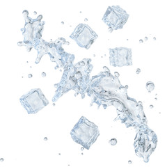 Water splash with ice cubes and water droplets isolated. 3D illustration