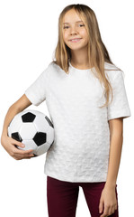 little girl with a soccer ball isolated on a over white background