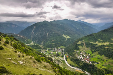Panoramic view of the mountain Svaneti. Two villages in the valley. Georgia