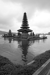 Pura Ulun Danu famous temple in Bali, black and white
