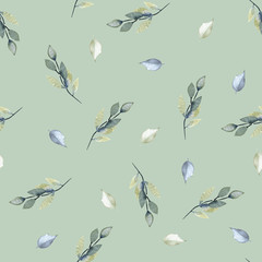 Watercolor blue and grey leaves and branches seamless pattern, hand painted on a light green background