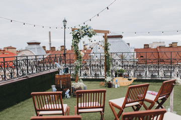wedding ceremony area located on the roof of the house overlooking the old town