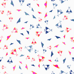 Seamless retro pattern with summer illustration. Image of bikini swimsuit of different sizes in chaotic order. For the design of textiles, wallpapers, postcards, stickers.