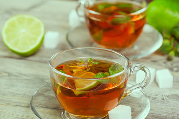 Cup of tea on wooden table
