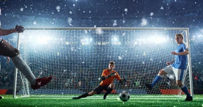Attacker scores a goal, sending a ball past defenders and a goalkeeper on a professional soccer stadium while it's snowing. Stadium and crowd are made in 3D and animated.