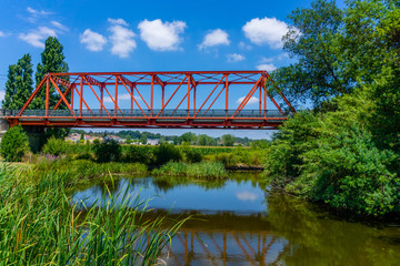 Steel road bridge crossing the Sorraia River which flows into the Tagus River, in Portugal.