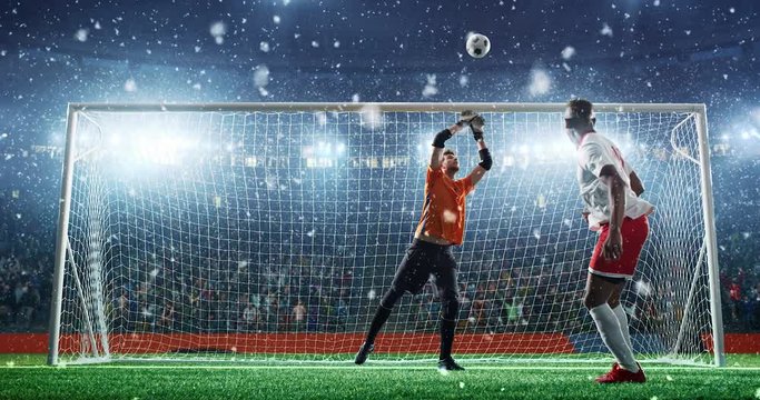 Soccer player fails to score a goal by sending a ball over the crossbar on a professional soccer stadium while it's snowing. Stadium and crowd are made in 3D and animated.