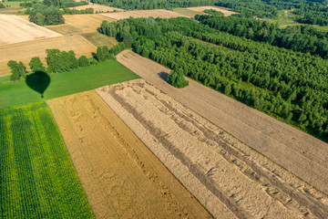 Cień balonu lecącego nad polami uprawnymi z widokiem na bezchmurne niebo.  © Kamil_k2p