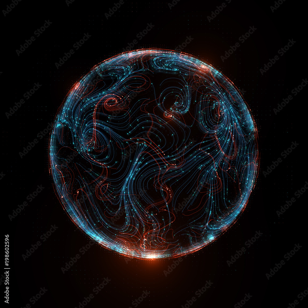 Poster 3d render abstract background. sphere with curls lines and dots. detail digital and technology conce