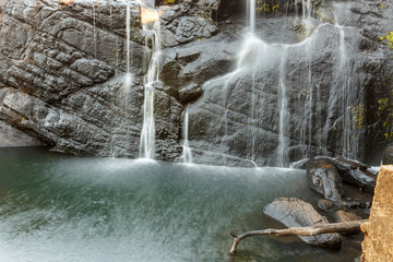 scenic view of rocky formation and waterfall, sri lanka, horton plains