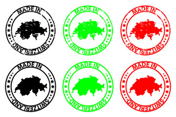 Made in Switzerland - rubber stamp - vector, Switzerland map pattern - black, green and red