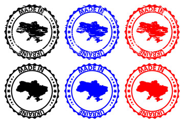 Made in Ukraine - rubber stamp - vector, Ukraine map pattern - black, blue and red