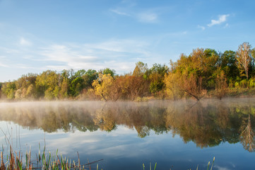 Early morning on the river. Fog over the water, trees with bright spring foliage. Soft gentle light.
