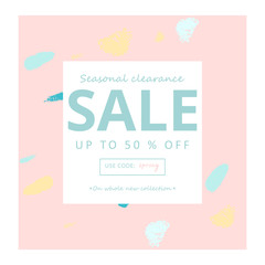 Trendy Sale Banner Design with different hand drawn organic shapes and textures. Social Media Cute backdrop for advertising, web design, posters, invitations, greeting cards, birthday, anniversary