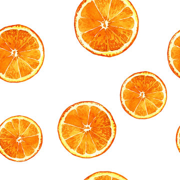 Watercolor seamless pattern of cut oranges painted in watercolor.