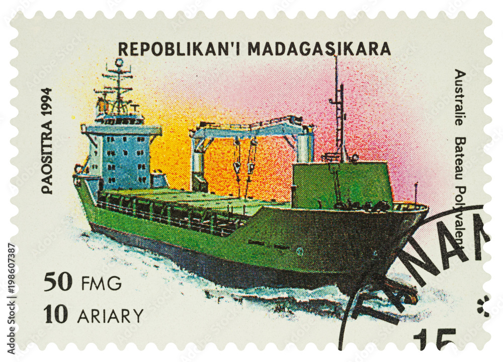 Sticker Cargo ship on postage stamp