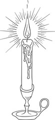 Hand Drawn Doodle Sketch Line Art Vector Illustration of Burning Candle on Candleholder. Emblem Poster Banner Black Outline Design Element Template