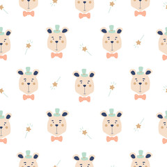 Seamless pattern with cute magician bears.